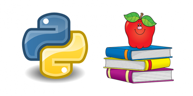 Python logo next to a stack of school books with an apple on top used to help demonstrate how to teach coding for kids