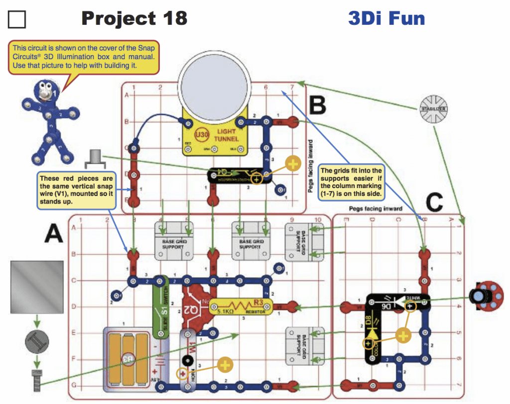 Diagram of a snap circuits project using the light tunnel and projector