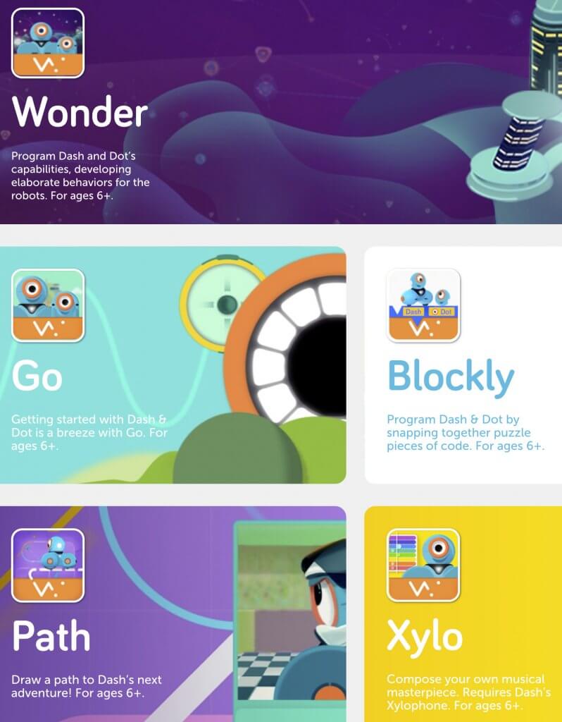 Screenshot showing all five Dash Robot Apps from Wonder Workshop